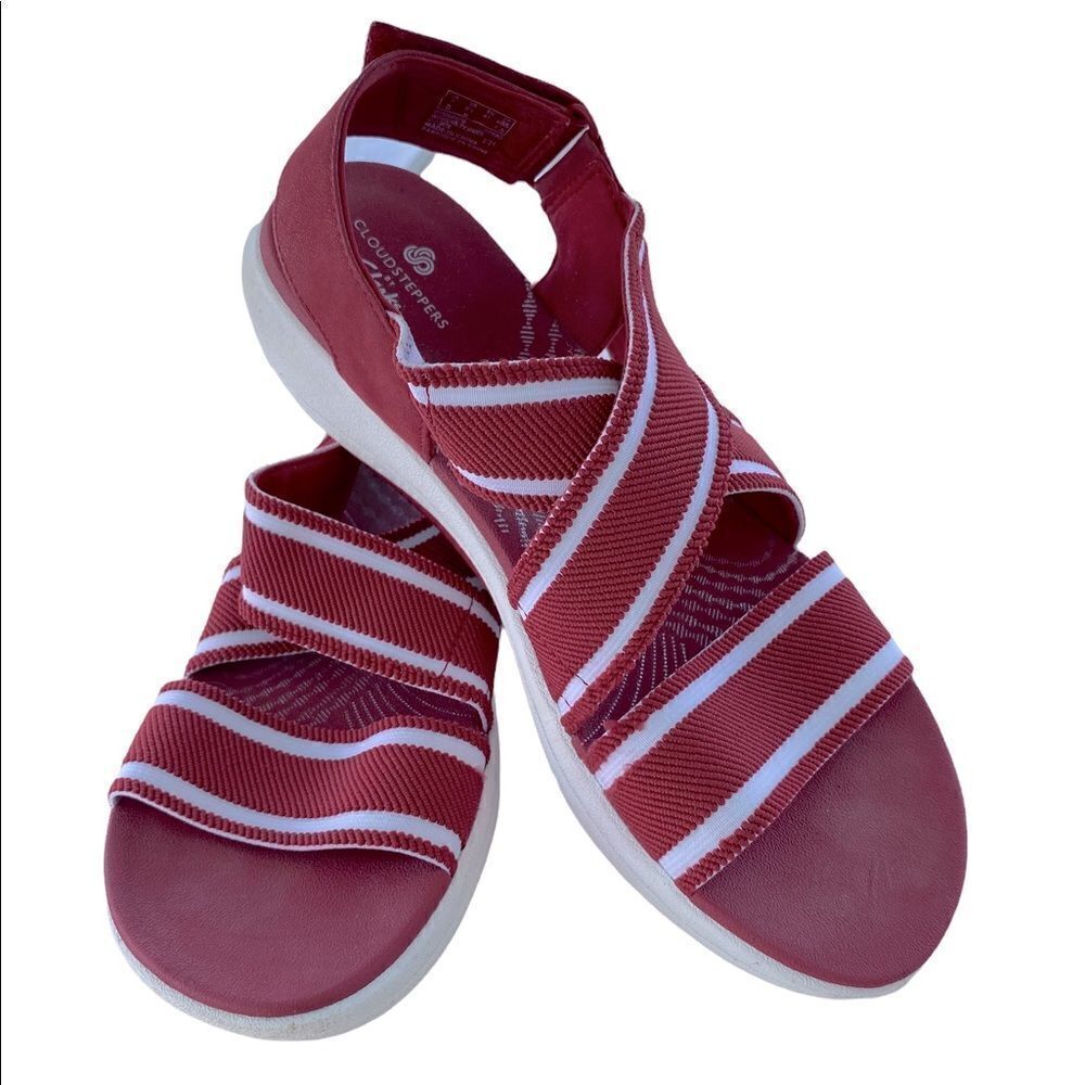 Clarks Cloudstoppers Wm’s Sz 9.5 Red/White Mira Lilly Strappy Platform Sandals